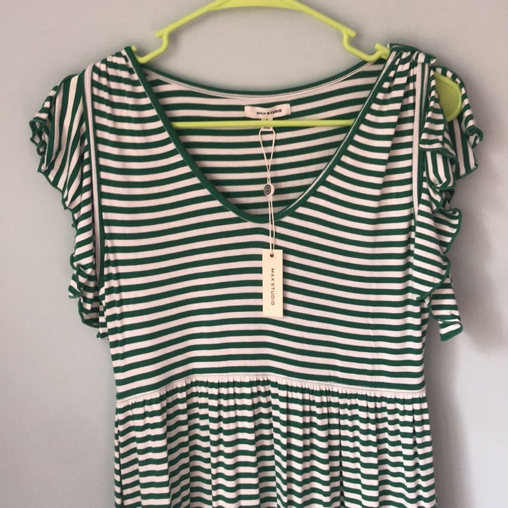 NWT Max Studio Ruffle Cap Sleeve Tiered Jersey Babydoll Dress Green Stripe - Picture 5 of 8